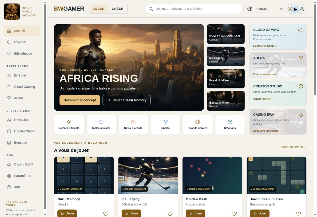 BWGAMER — Aperçu des interfaces